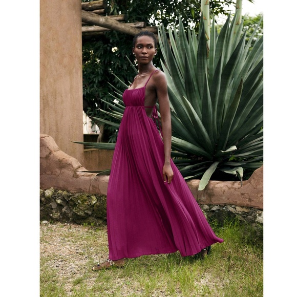 Purple Pleated Maxi Babydoll Dress Open Back Flowy Skirt Tie Straps - Picture 2 of 10